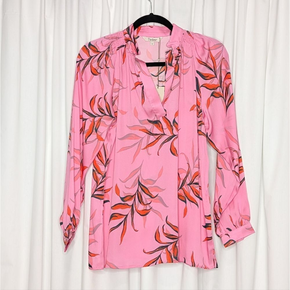 Tucker NYC Long Sleeve Polo Blouse Petal Coconut in Stretch Georgette Silk Top